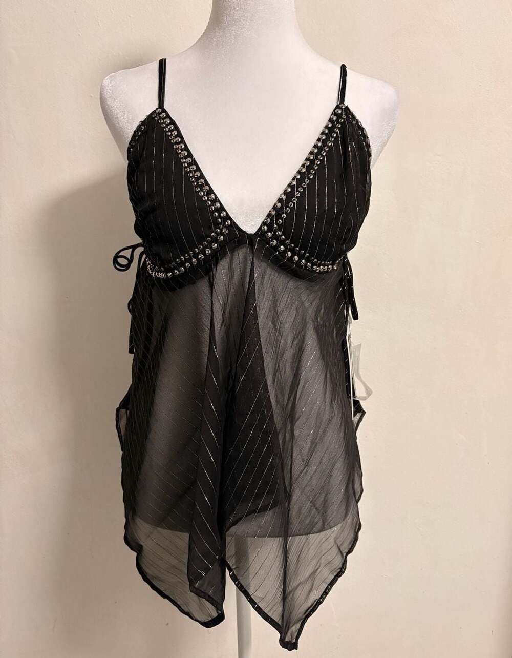 Fairycore Sheer Beaded Cami Top Black Y2K Mesh Handkerchief Hem Whimsigoth